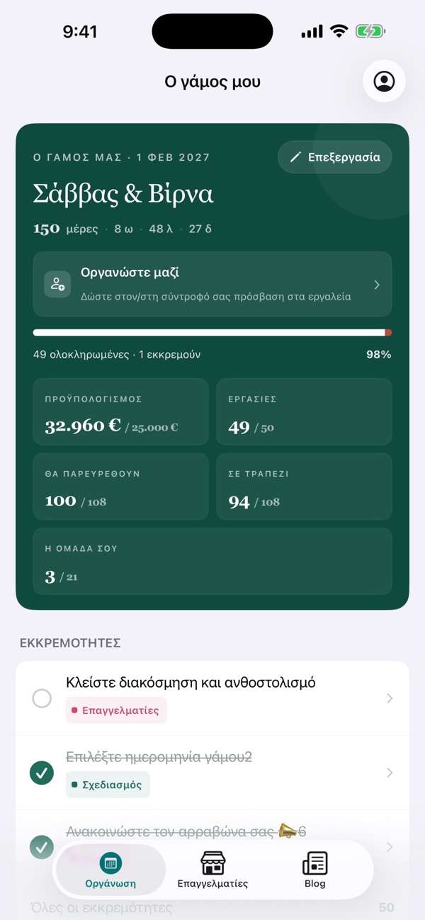 Η εφαρμογή EasyWedding για iPhone με τη σύνοψη γάμου, τα έξοδα, τις εκκρεμότητες και τους καλεσμένους